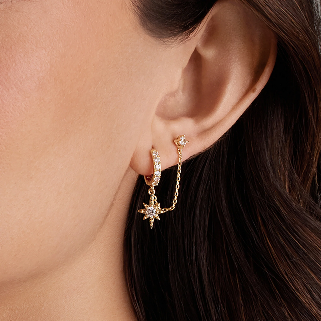 Star Chained Huggie Earrings